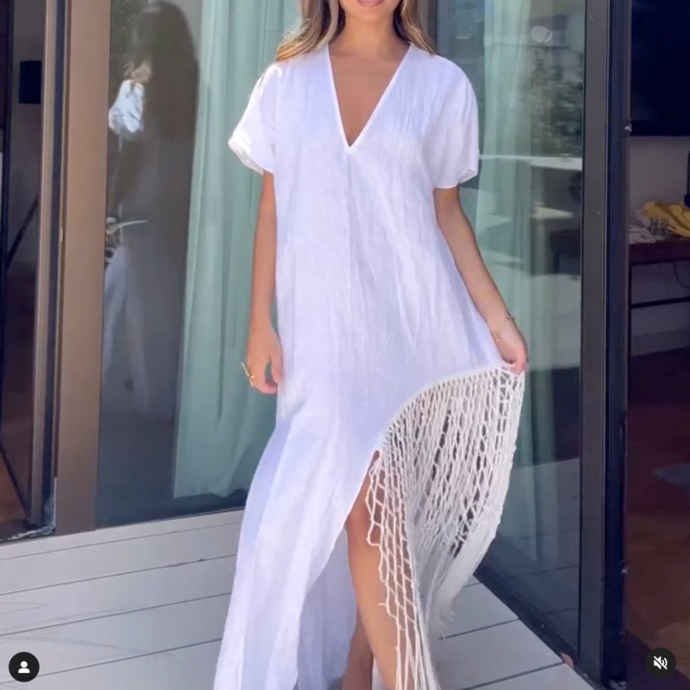 ZARA FRINGED LINEN DRESS WHITE V-NECK NEW SS23 SIZE S 7495/810